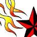 Nautical star with flames eitherside.  Would fit the lowerback and lower abdomen area very well